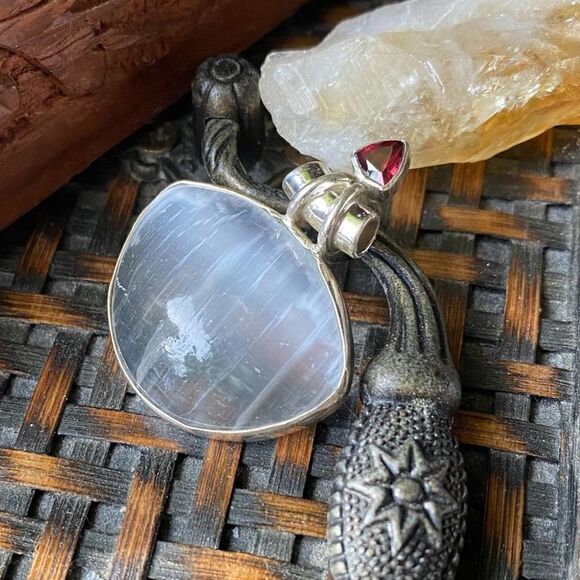 Selenite & Garnet Sterling Silver Pendant - Picture 6 of 9
